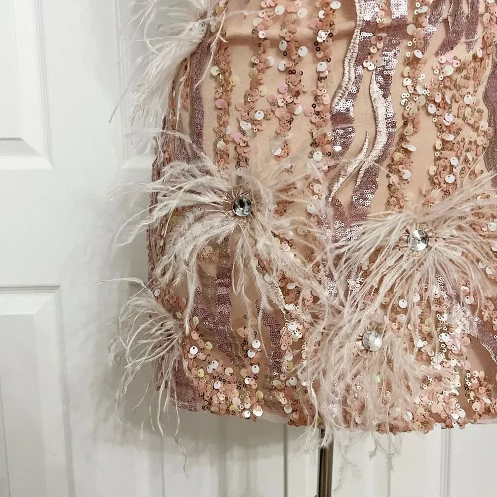 Bella Barnett Womens Pink Sequin Feather Mini Dress Size Medium - Picture 2 of 7